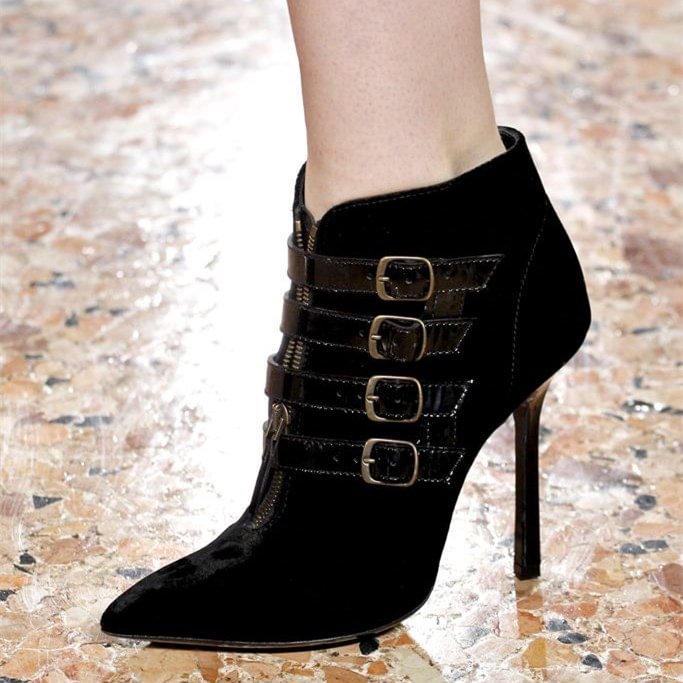 Black Buckle Boots Pointy Toe Stiletto Heel Ankle Booties |FSJ Shoes