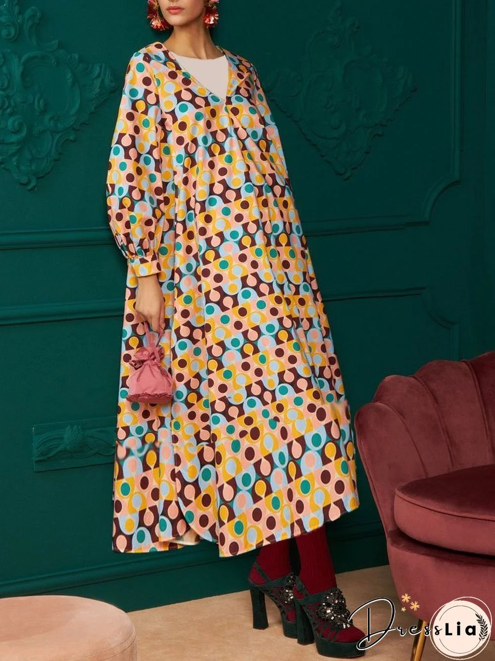 Fashion Colorful Dot  Ptinted Maxi Dress