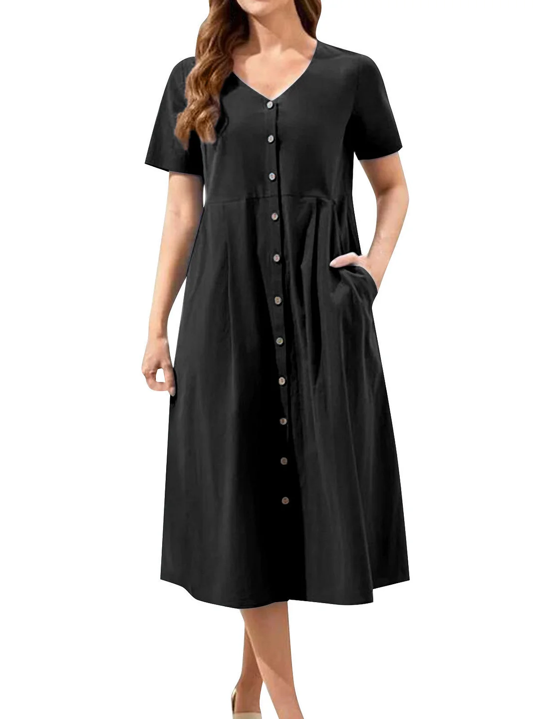 Women's Solid Color V-neck Cotton linen Short Sleeved Maxi Dress