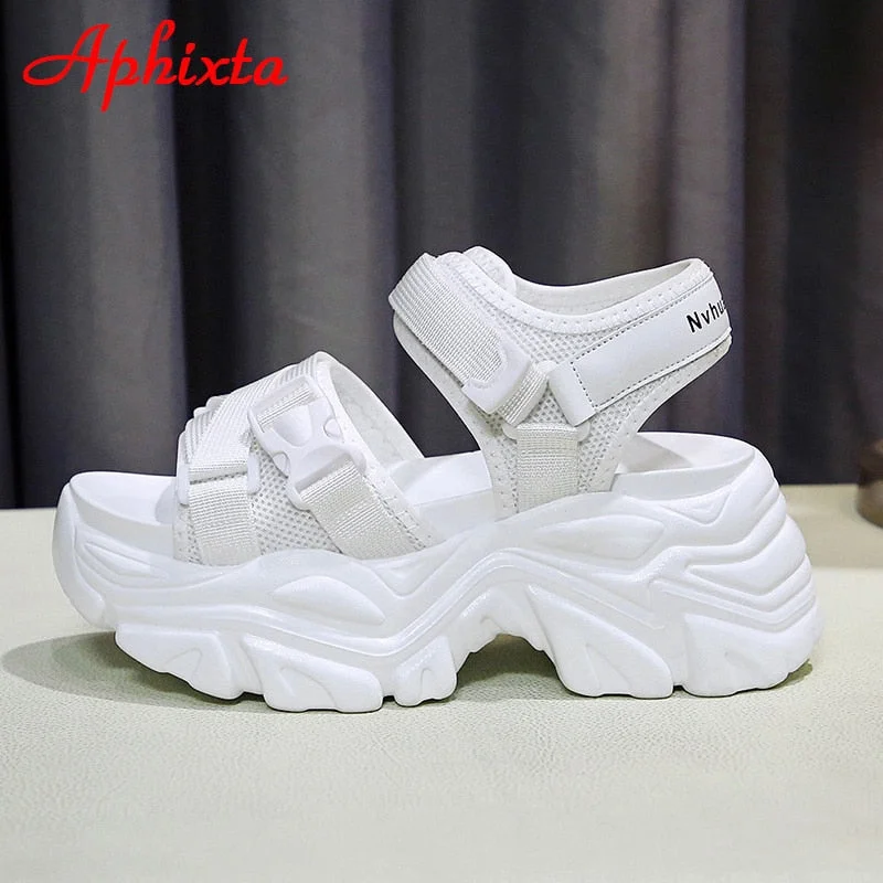 Aphixta New Buckle Height Increaming Canvas Platfom Sandals Women 3.15 Inch Wedge Heel Shoes Hook & Loop Thick Bottom Slides