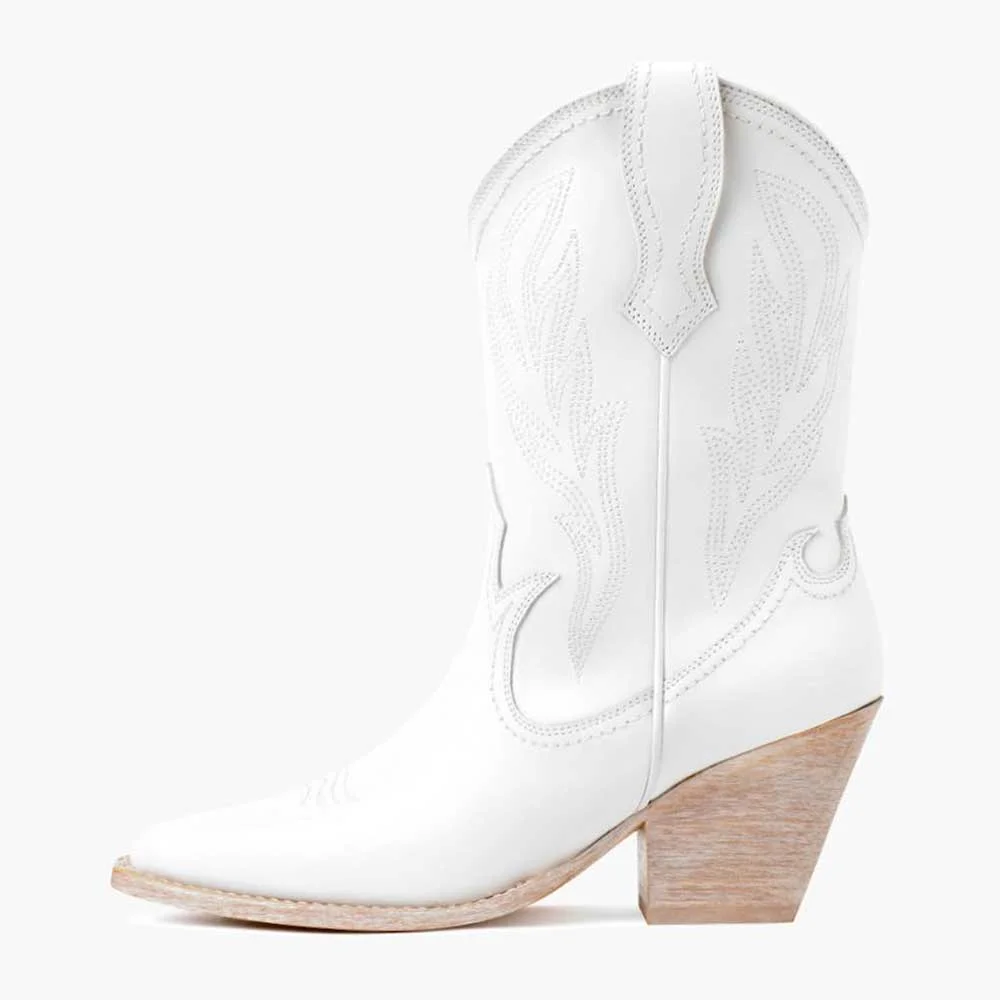 Chunky Heel Pointed Toe Mid Calf White Western Boots for Women