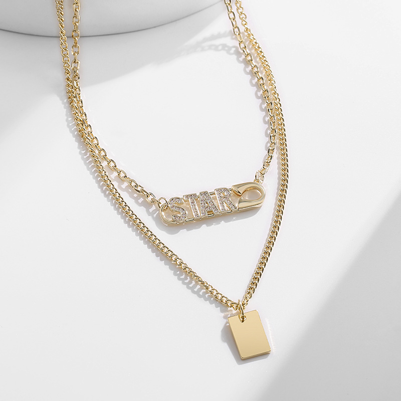 MIKAMU Double-Layer "STAR" Letter Necklace with Minimalist Square Pendant