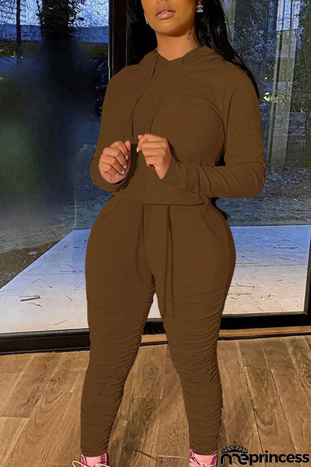 Green Fashion Solid Fold Hooded Collar Long Sleeve Two Pieces