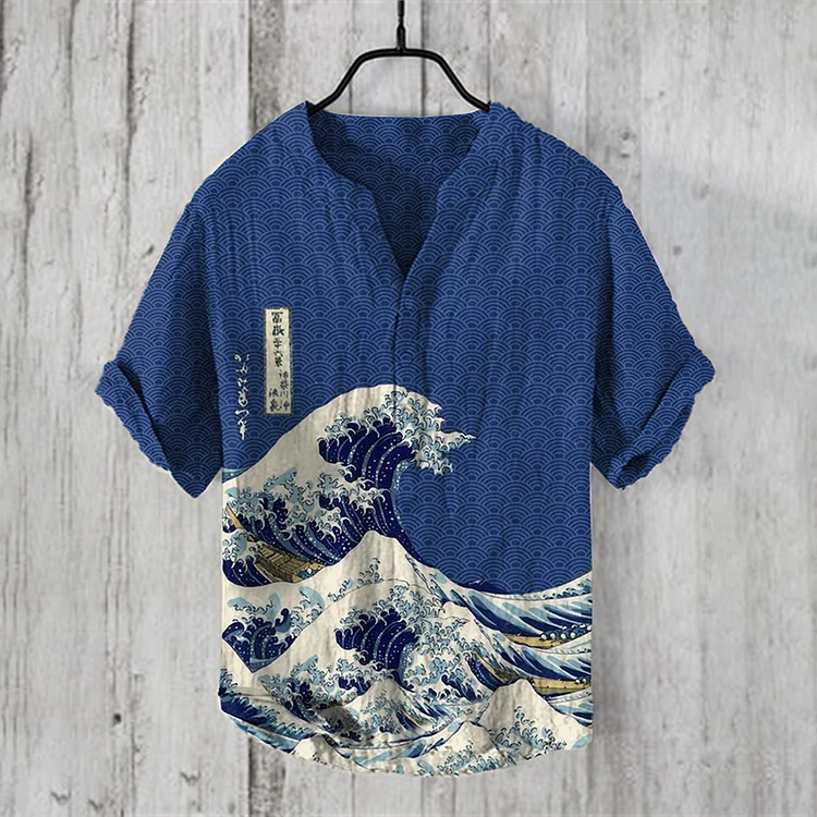 Comstylish Men's Vintage Japanese Art Sea Wave V Neck Casual Linen Blend Shirt