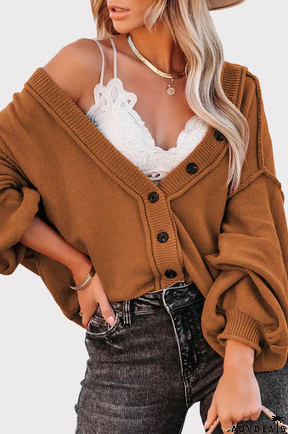 Reverse Seam Trim Puff Sleeve Plunging Cardigan