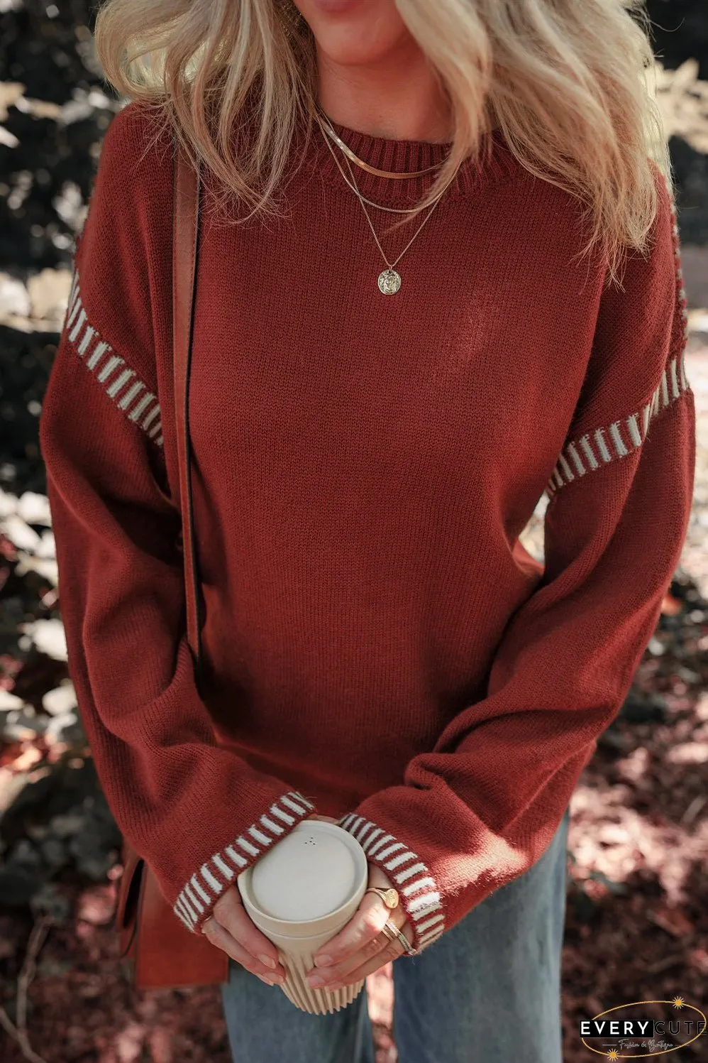 Red Dahlia Color Contrast Trim Drop Shoulder Crew Neck Sweater