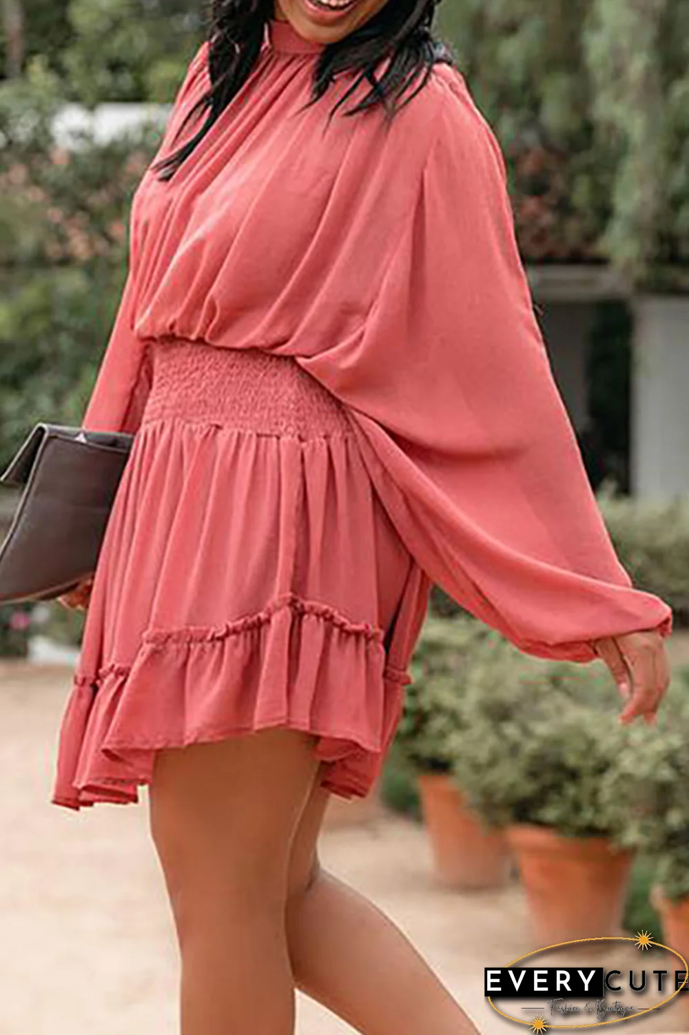 Fashion Casual Solid Flounce Fold Half A Turtleneck Waist Skirt Dresses