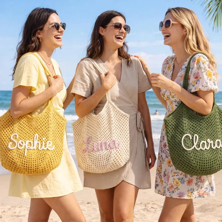 Personalised Straw Knitted Beach Bag and Crochet Tote - Unique Bridesmaid Gift Bags, Travel Wedding Favor, Bachelorette Trip Present