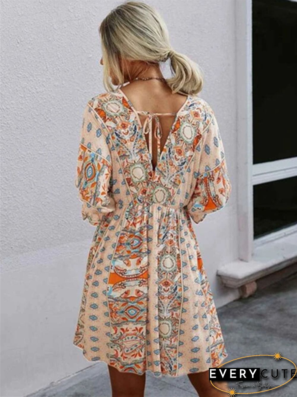 V-neck Waist Print Dress Print Dresses