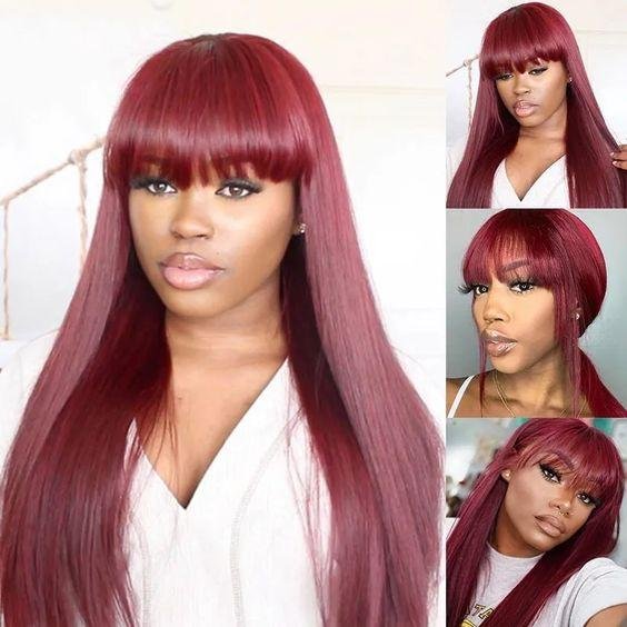100% Human Hair Machine Made Brazilian Wine Red Straight Wig With Bangs