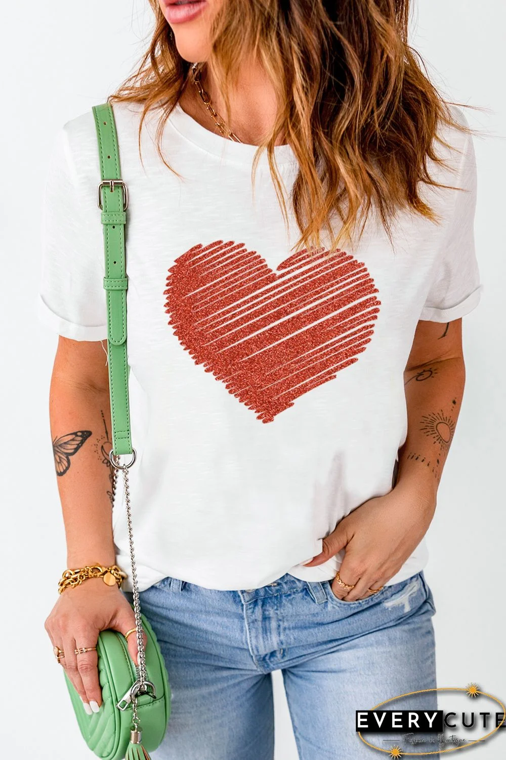 White Heart Shape Glitter Patter Print Short Sleeve T Shirt