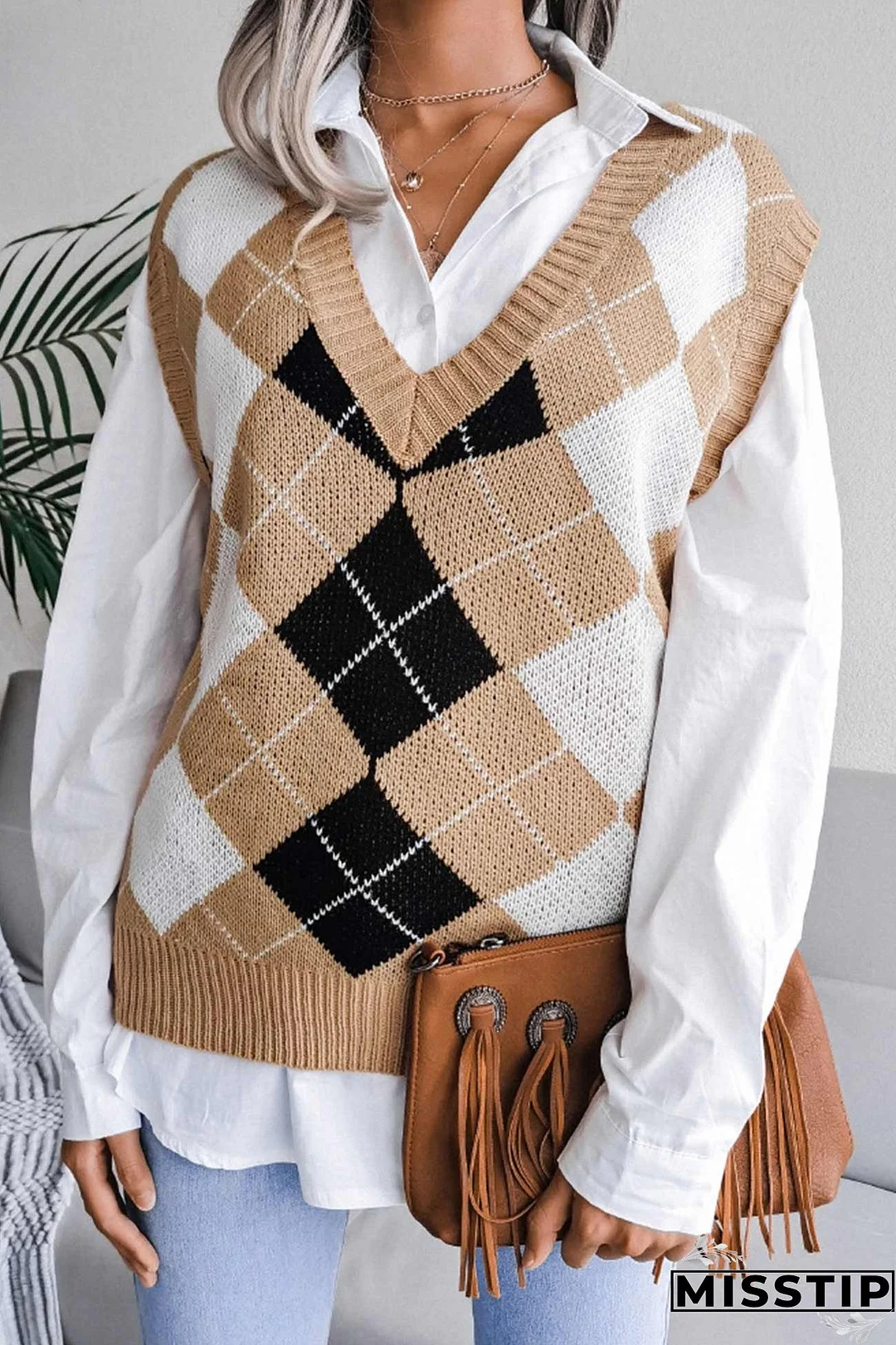 V Neck Checked Knit Tank Sweater