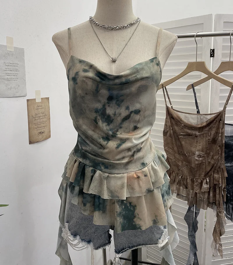 Uveng Real Shoot Spice Girl Swing Network Yarn Print Sling Vest Retivating Lotus Leaf Side Ribbon Short Top 1210