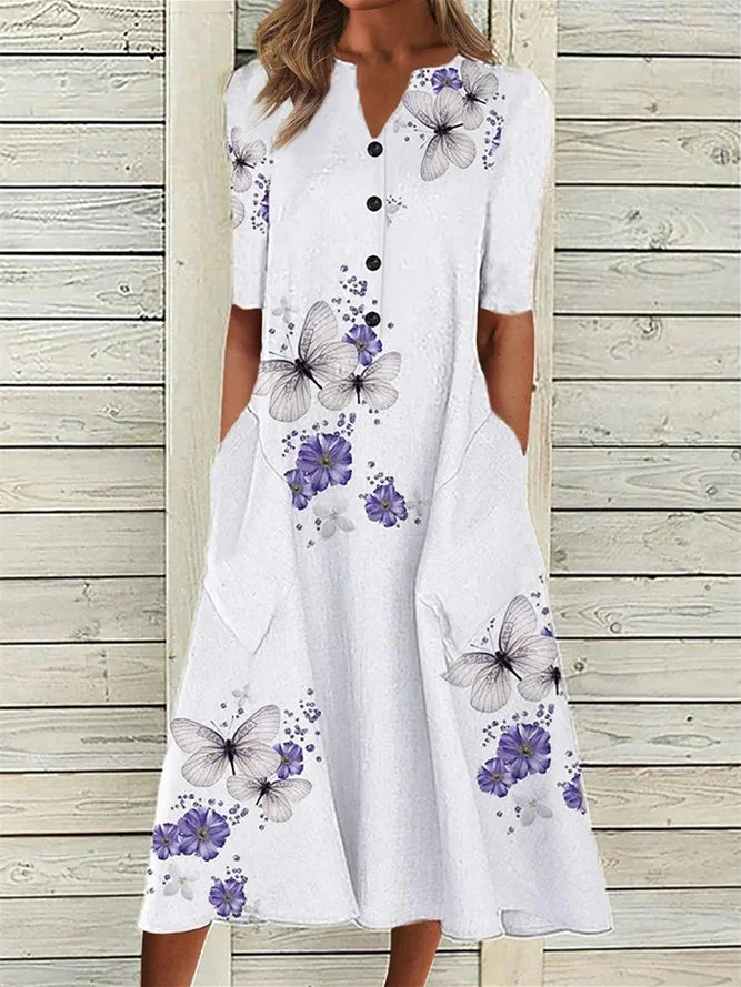 Women's Casual Graphic Butterflies Printed Short Sleeve V-neck Midi Dress