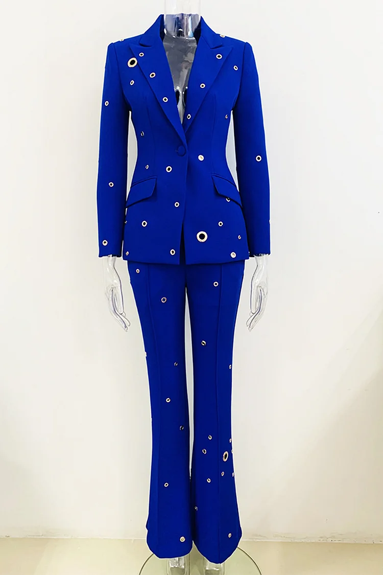 Eyelet Embellished One Button Flare Leg Two Piece Pant Suit-Royal Blue