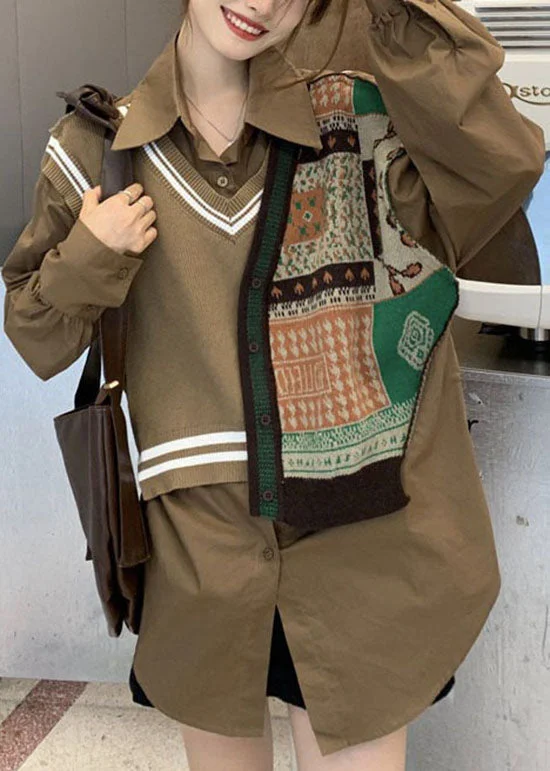 Casual Coffee Peter Pan Collar Patchwork Vest Shirt Top Spring