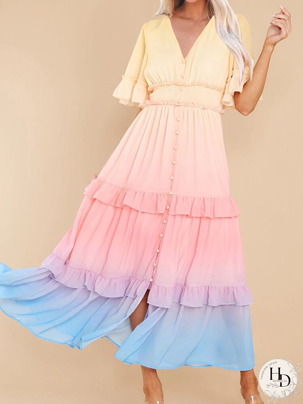 Ladies Fashion Gradient Rainbow Color Dress