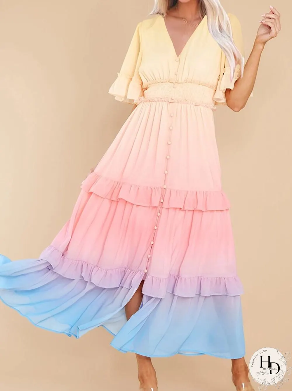 Ladies Fashion Gradient Rainbow Color Dress