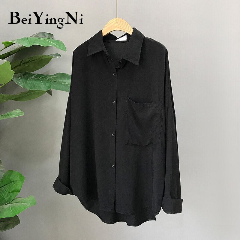 Beiyingni 2020 Spring Autumn Korean OL Blouses Female Pocket Full Sleeve Shirts Office Ladies Loose Women Tops Blusas Plus Size