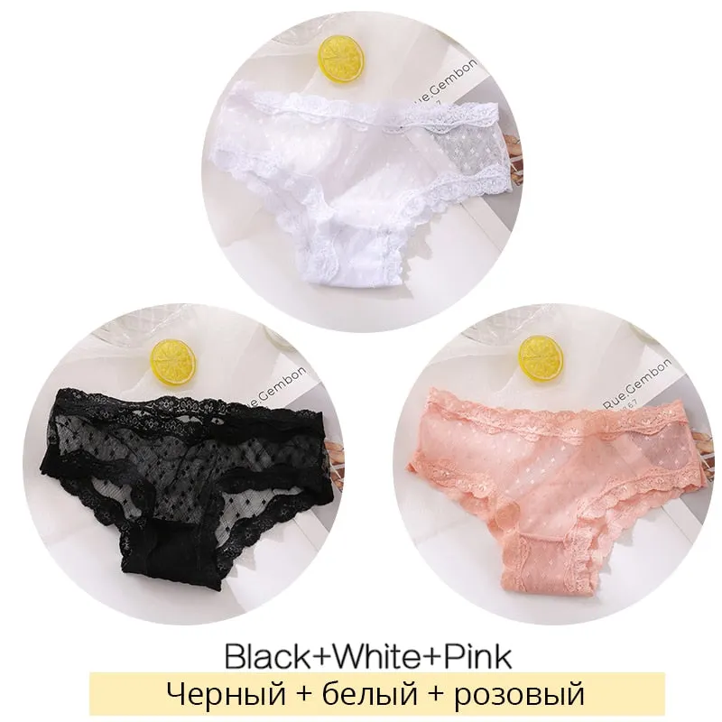FINETOO Sexy Lace Thongs Women 3Pcs/set Transparent G-string Panties Dots Lace T-back Underwear Fashion Female Underpants M-XL