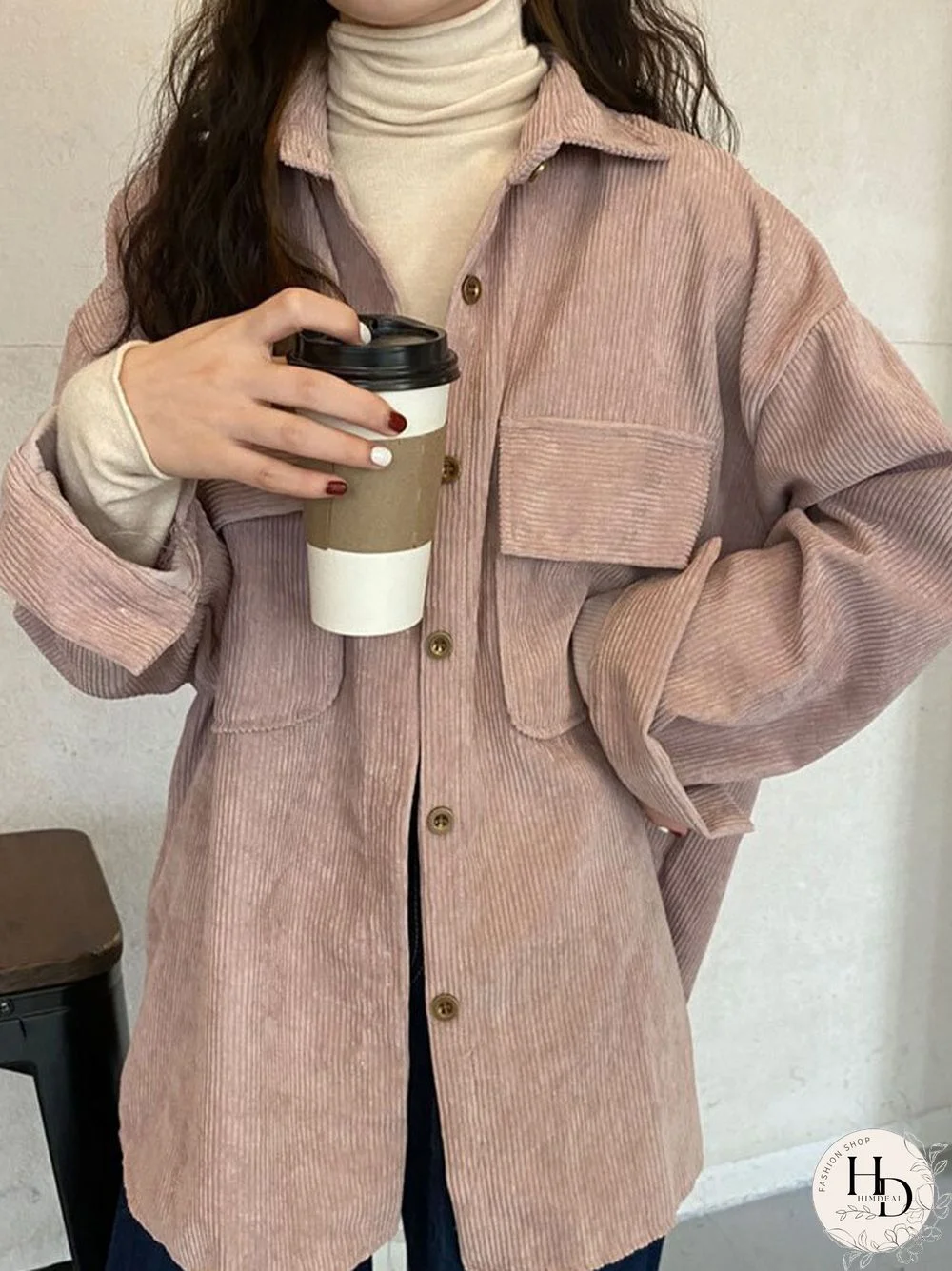 Corduroy Solid Pocket Button Long Sleeve Loose Lapel Jacket