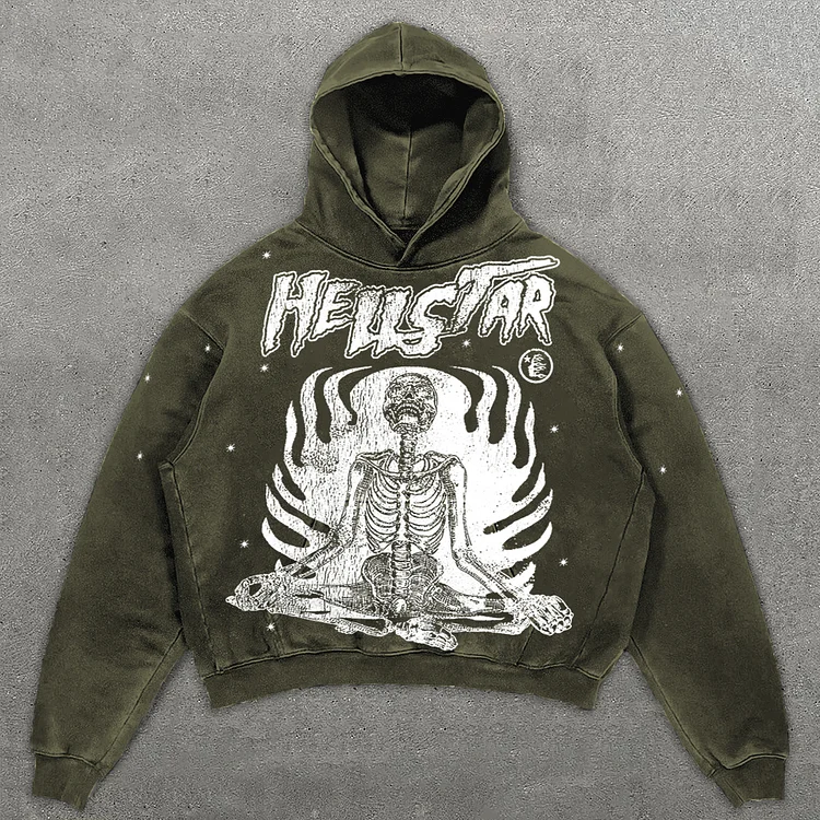 Oversized Vintage Hellstar Inner Peace Graphic Acid Wash Pullover Hoodie