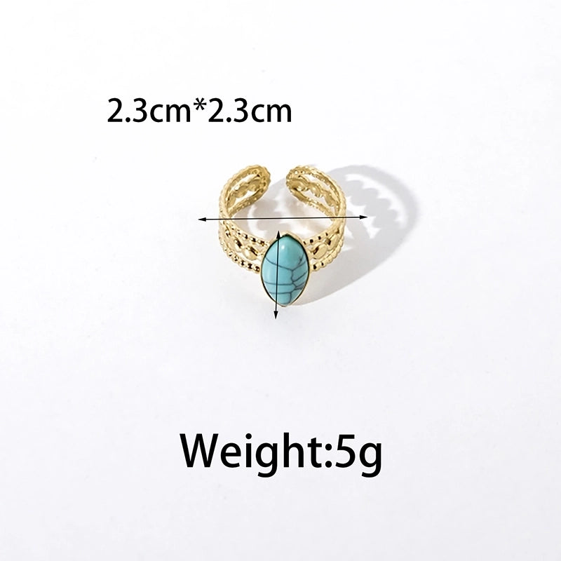 Elegant Vintage Style Minimalist Oval 304 Stainless Steel Turquoise 14K Gold Plated Plating Hollow Out Stainless Steel Rings