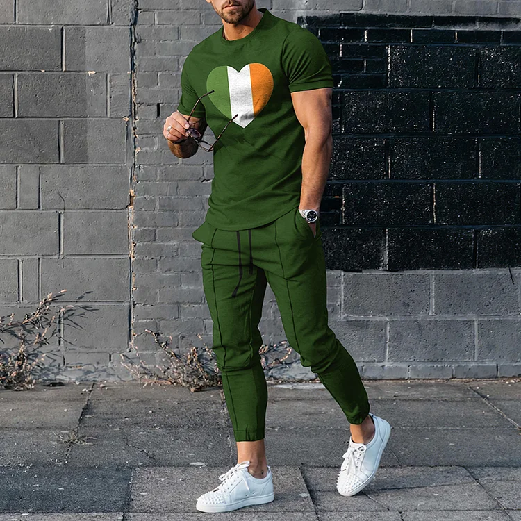 BrosWear St Patrice'S Day Love Pattern Men's Short Sleeve T-Shirt And Pants Co-Ord