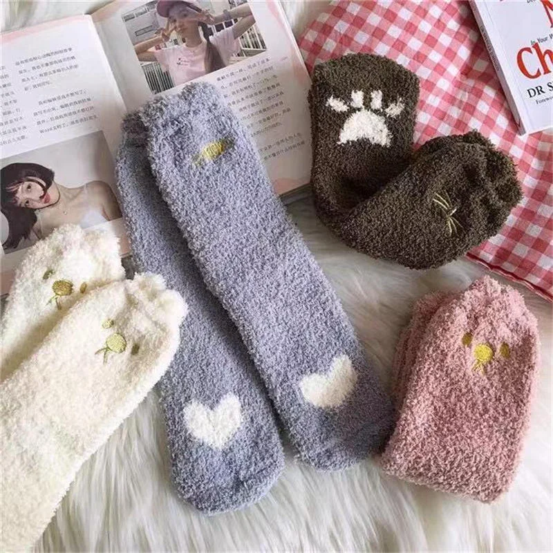 Winter Thicken Warm Women Socks Cute Cat Paw Cartoon Colorful Lovely Sleeping Home Floor Bedroom Socks Harajuku Kawaii Girl Sox