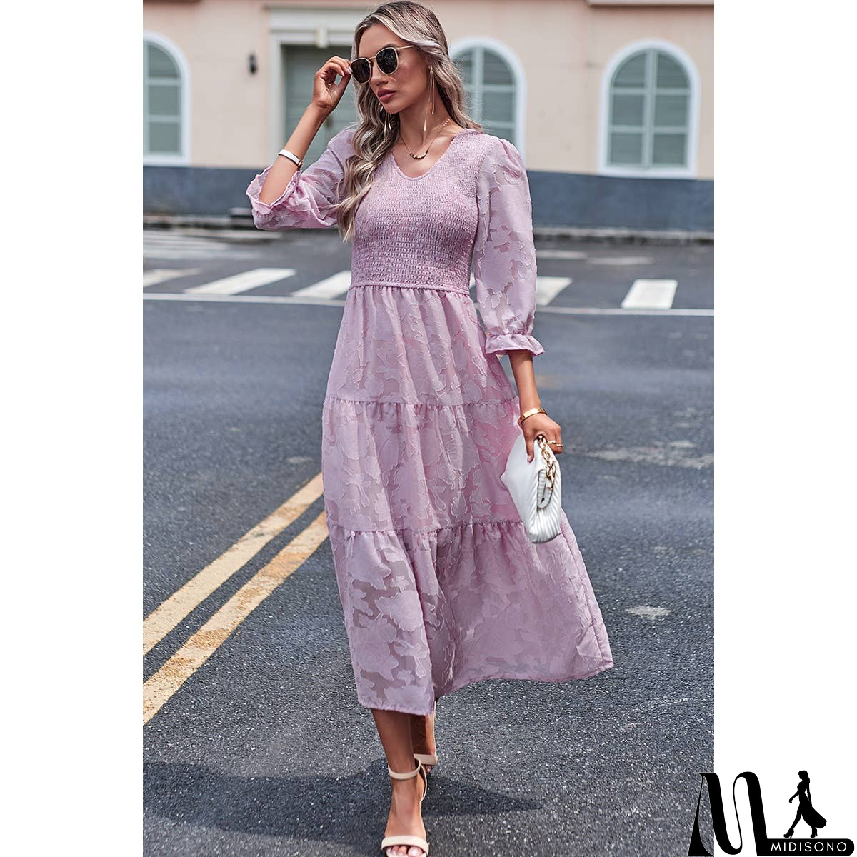 MidiSono - Solid Floral Ruched Color Block Ruffle Full Dress