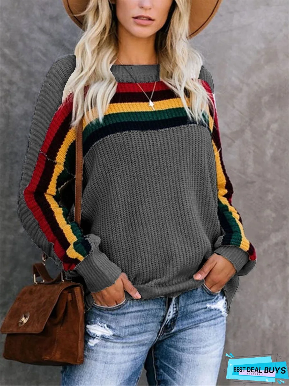 Stripes Knitted Crew Neck Long Sleeve Sweater