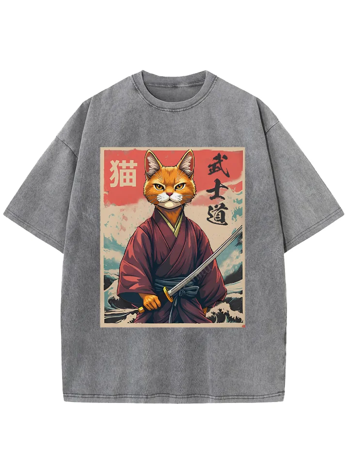 Men's Japanese Bushido Cat Illustration Print Cotton Washed T-Shirt