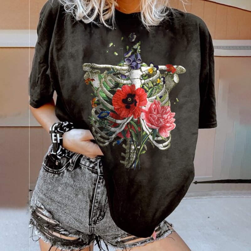 Designer skeleton growing flowers print T-shirt