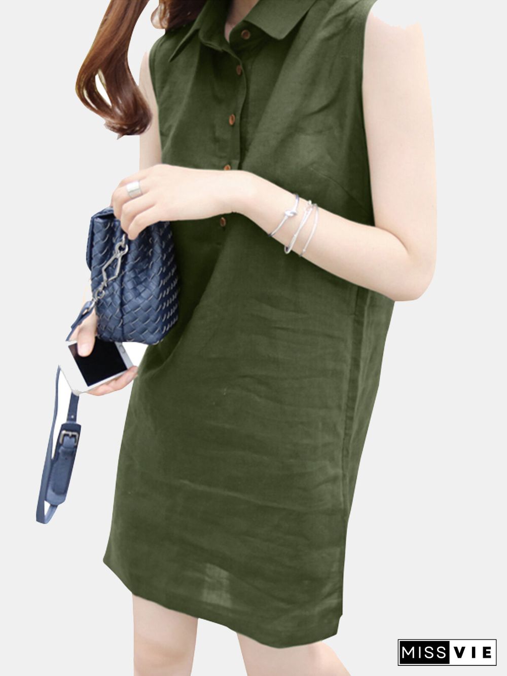 Solid Sleeveless Button Front Lapel Dress For Women