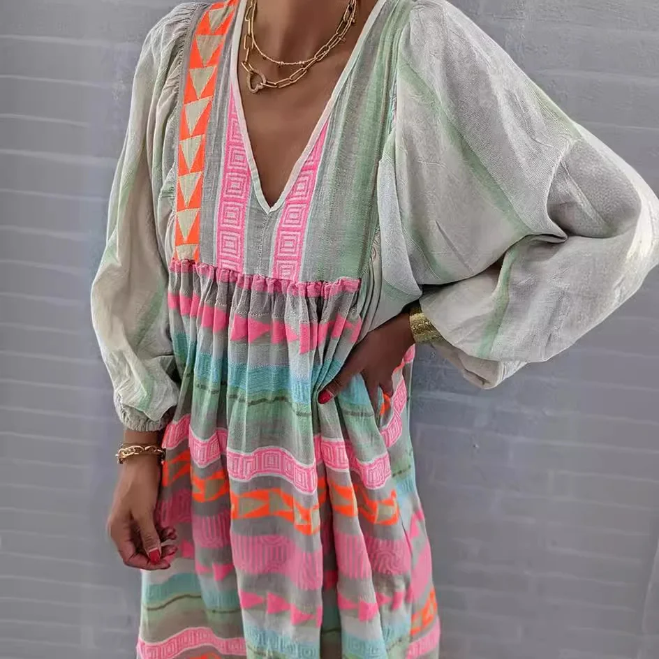 Brownm Brownm Women's New Fashion Sleeve Deep V-Neck Loose Large Size Bubble Sleeve Color Folds Casual Dress Women