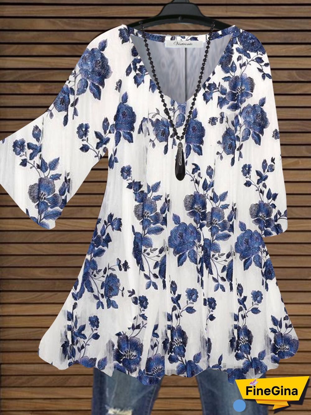 Women Blue Color Half Sleeve V-neck Floral Printed Top Dress