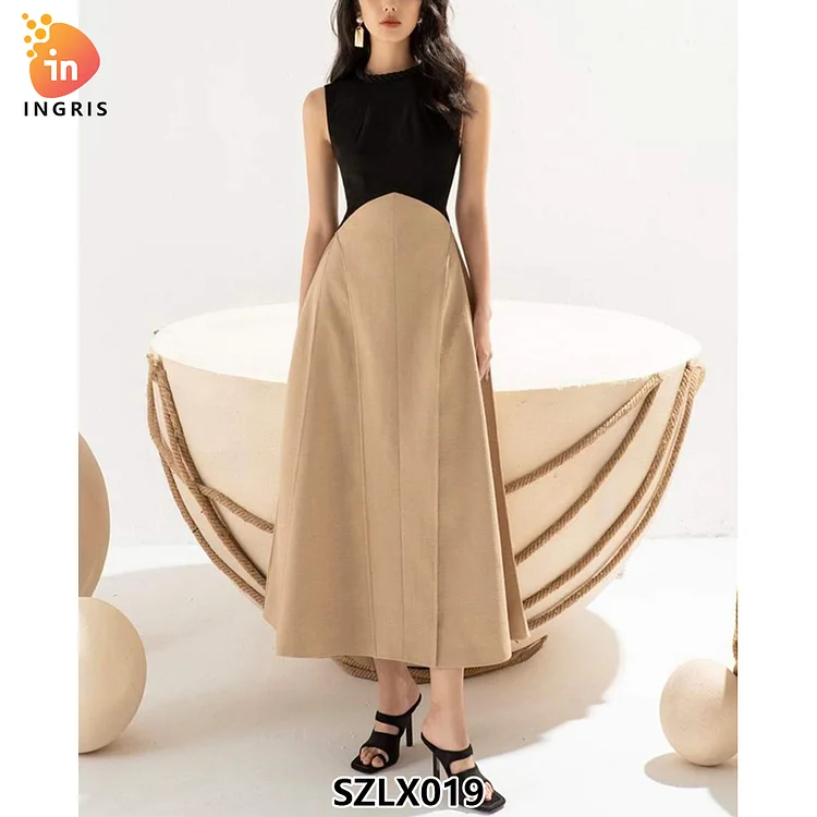 2025 Niche Design Socialite Temperament Contrast Color A- Line Dress Fashion Waist Trimming Slimming Sleeveless Dress-SZLX019