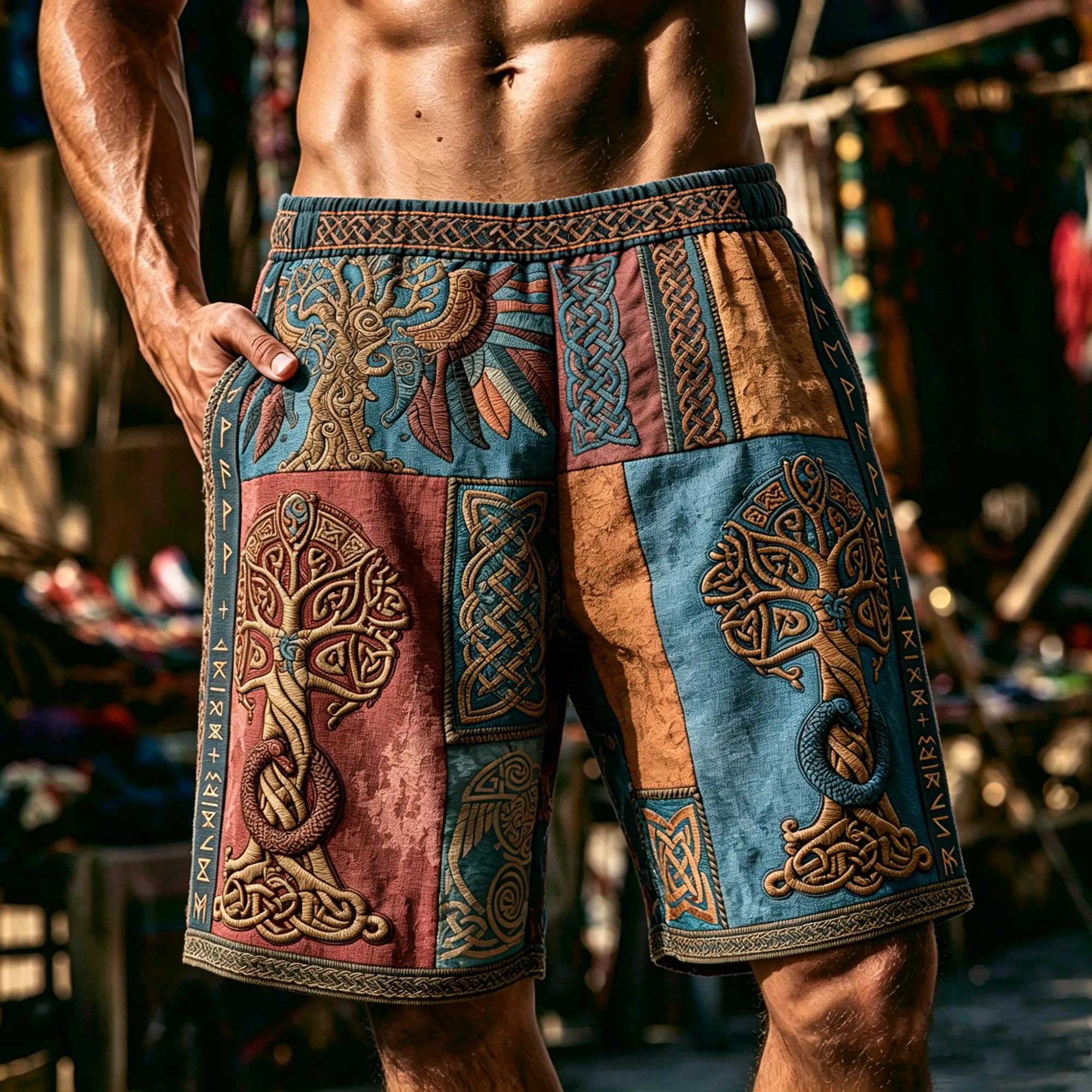 Comstylish Boho Ethnic Viking Yggdrasil Tree Patchwork Linen Shorts For Men, Norse Raven Embroidery Rune Border Casual Summer Shorts