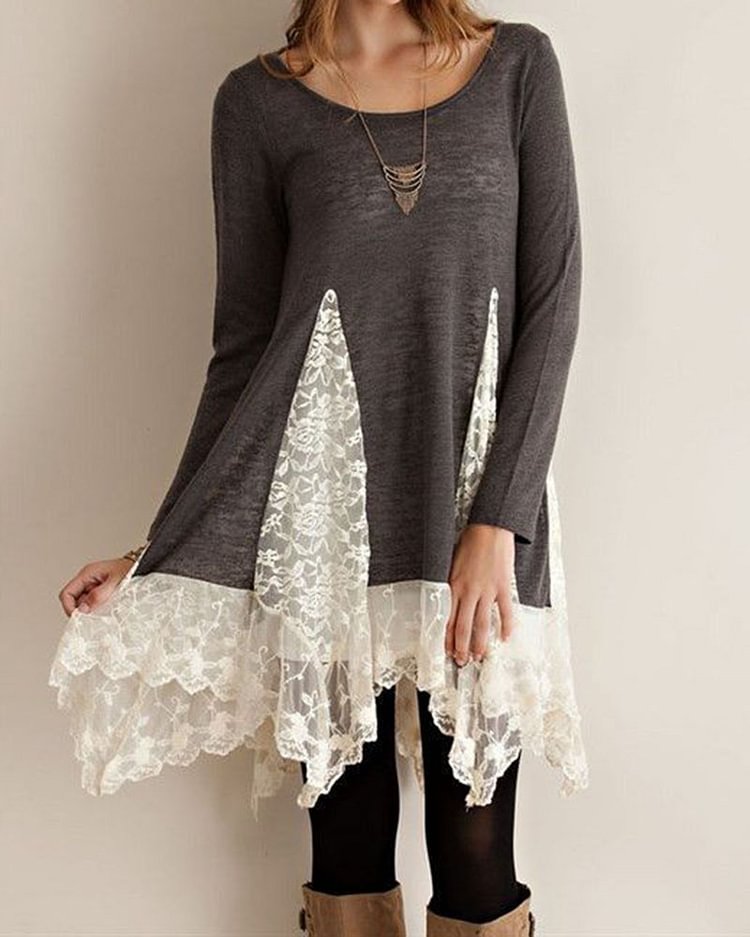 Lace Panel Asymmetric Casual Top