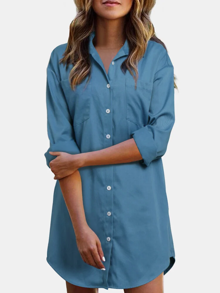 Solid Color Long Sleeve Turn-down Collar Mini Dress For Women