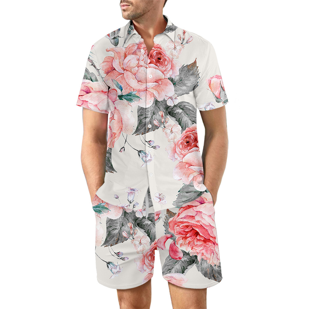 Mature Men Casual Loose Shirt Suit Hawaii Seaside 3d Digital Printing Beach Short Sleeve Shorts