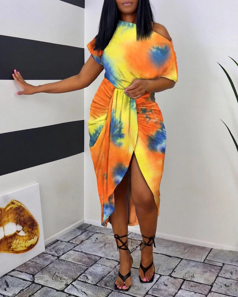 Tie Dye Print One Shoulder Wrap Midi Dress