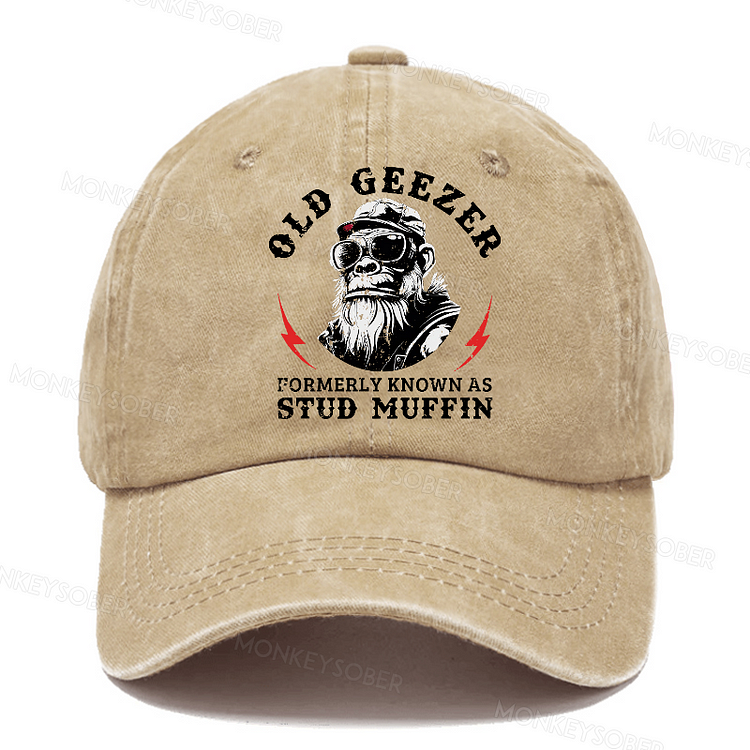 Old Geezer Formerly Known As Stud Muffin Monkey Washed Baseball Caps