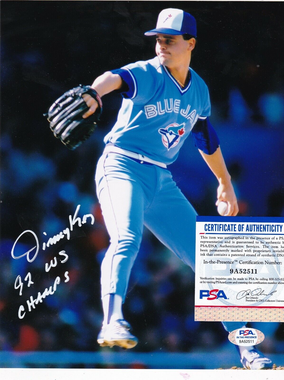 JIMMY KEY TORONTO BLUE JAYS 92 WS CHAMPS PSA AUTHENTICATED ACTION SIGNED 8x10