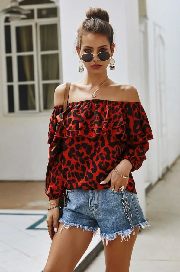 Fashion Leopard Print Off Shoulder Top
