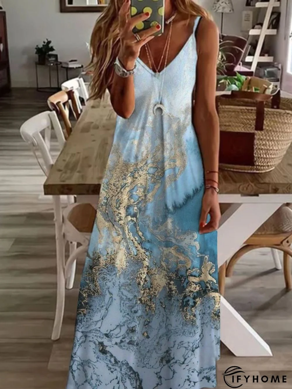 Casual Sea Sleeveless V Neck Printed Dress | IFYHOME