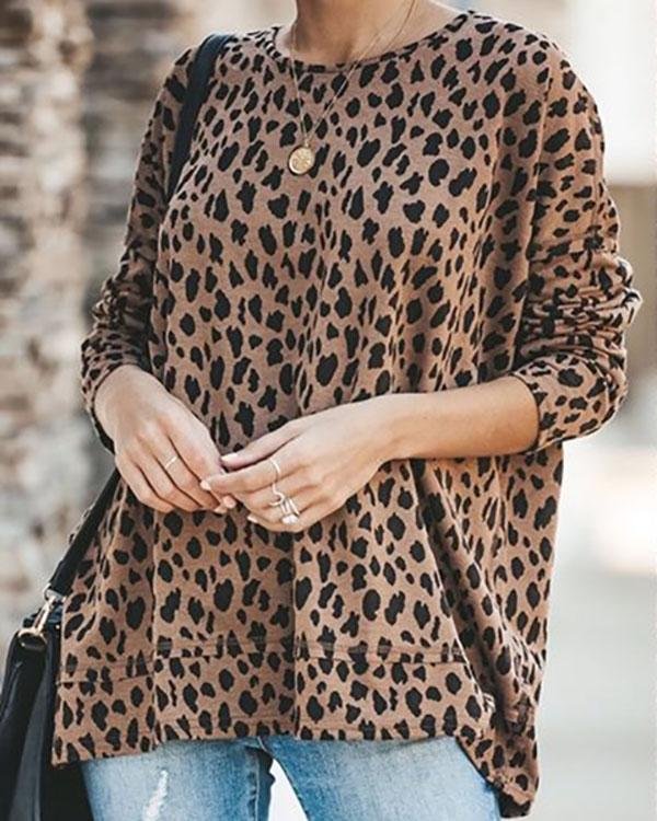 Crew Neck Leopard Print Cotton-Blend Shirts & Tops