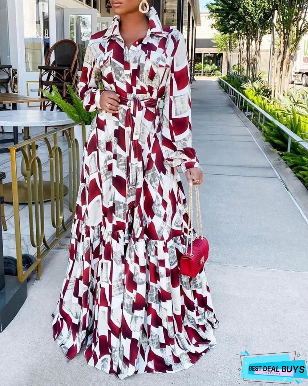 High Waist Romantic Red Shirt Long Skirt Chiffon Printing Large Swing Long Skirt