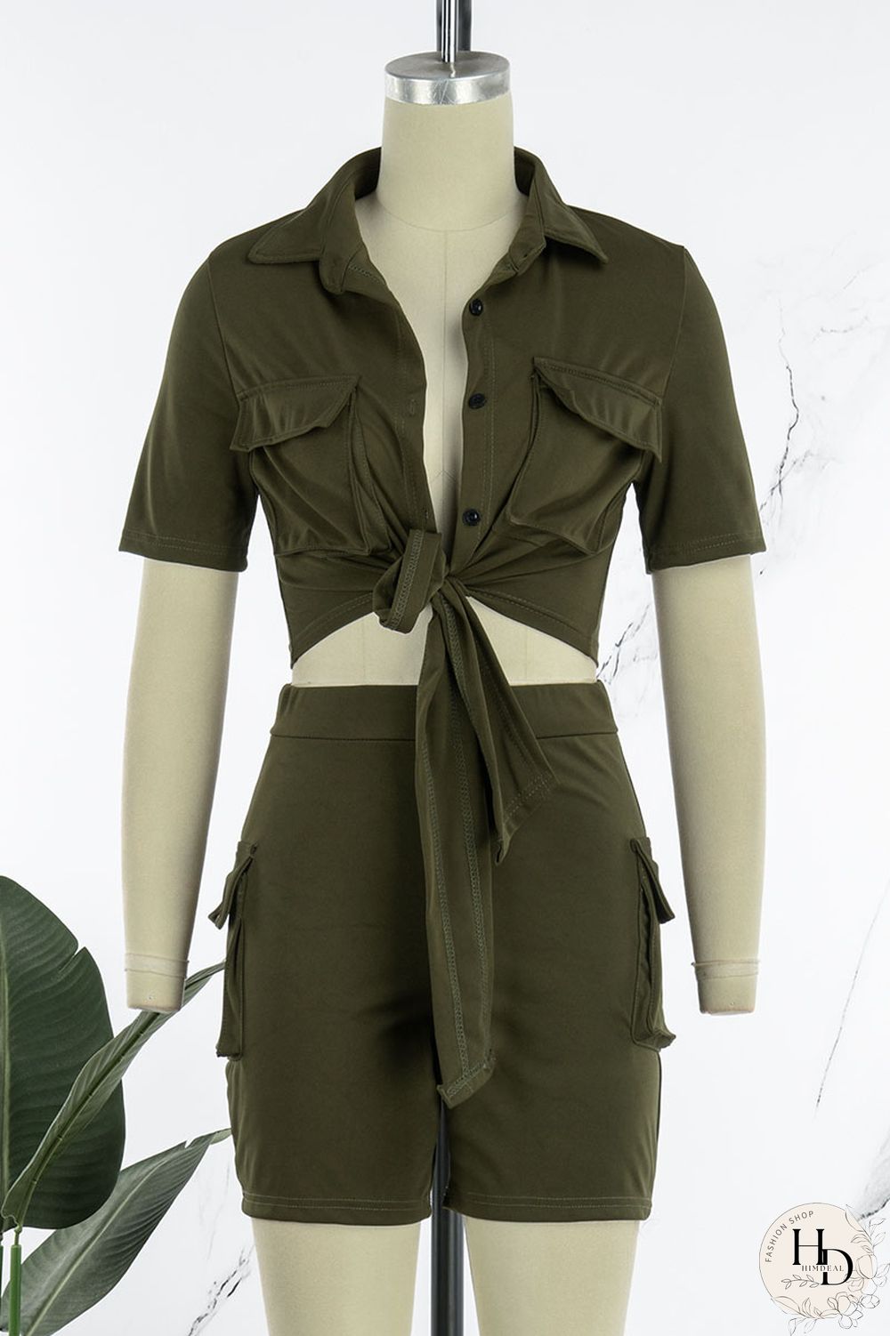 Khaki Casual Solid Bandage Patchwork Pocket Buckle Turndown Collar Short Sleeve Two Pieces