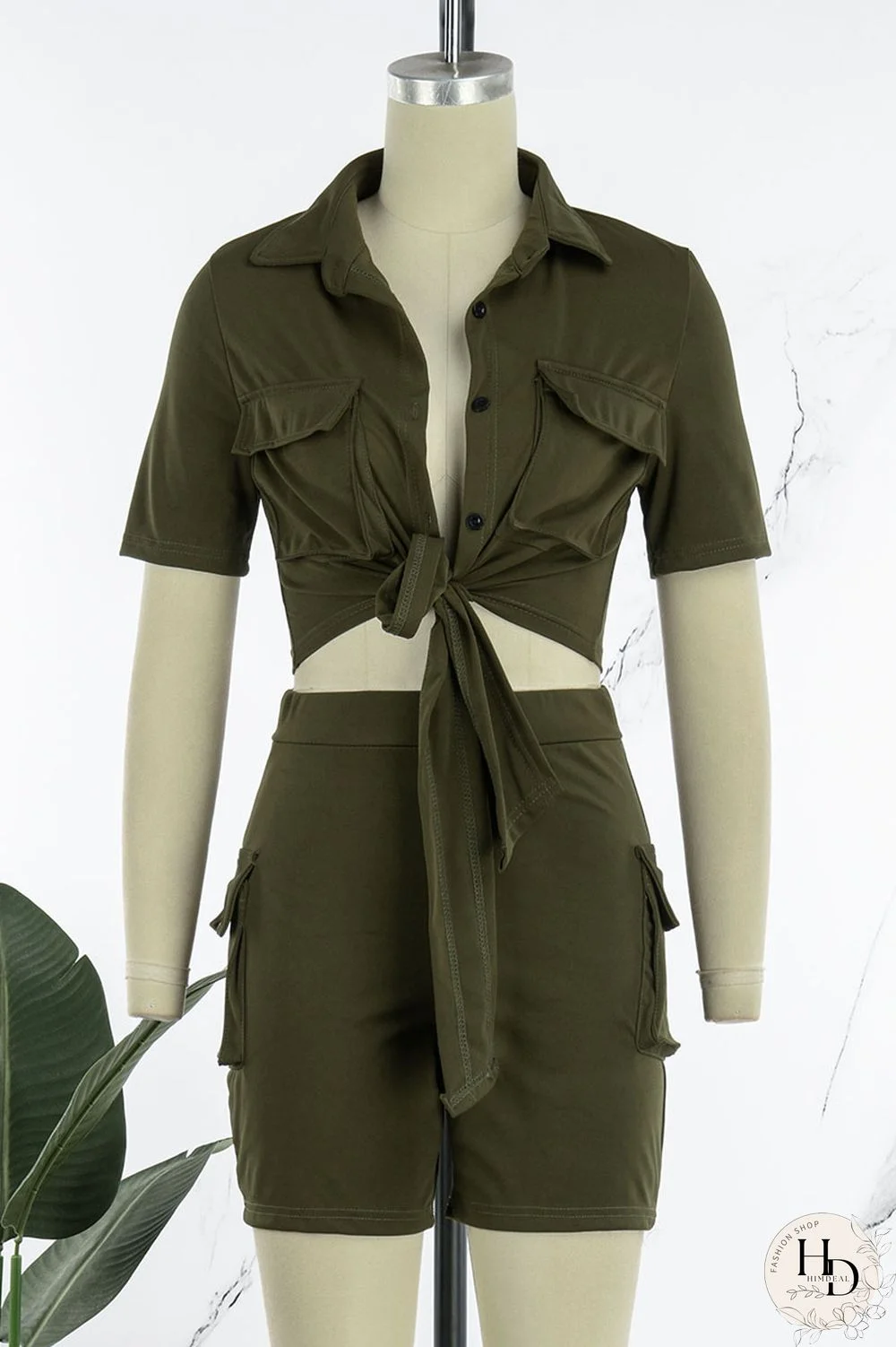 Khaki Casual Solid Bandage Patchwork Pocket Buckle Turndown Collar Short Sleeve Two Pieces